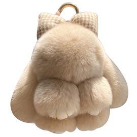Fluffy Bunny Keychain with Bow Cute Plush Key Rings Soft Pompom Keychain for Women Girls backpack Handbag (Milk Brown)
