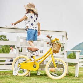 Petimini 12 Inch Kids Bike for Age 2 3 4 Years Old Little Girls Toddlers Retro Vintage Style Bicycles with Basket Training Wheels and Bell, Yellow