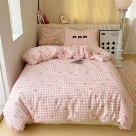ZBOOM Pink Gingham Check Duvet Cover Twin Pink White Bowknot Plaid Pattern Printed Microfiber Comforter Cover Ultra Soft Lightweight Checked Geometric Bedding Set with Pillow Sham for Kids Girls