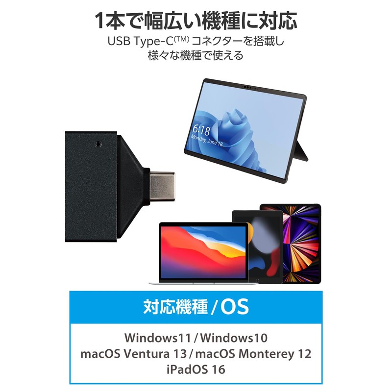 Elecom MR3C-D206BK/EC Memory Card Reader, USB Type-C Direct Insertion Type,