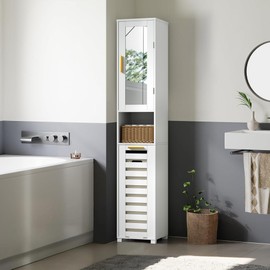 VECELO Tall Bathroom Cabinet with Hamper, Tilt Out Laundry Cabinet with Removable Storage Basket and Mirror for Laundry Room, Bathroom, White