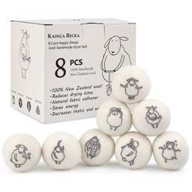 Wool Dryer Balls, 8PCS Dryer Balls with Happy Sheep - Natural & Organic, 100% New Zealand Wool Handmade, Chemical-Free Reusable Laundry Balls, Anti-Static Reduce Wrinkles and Save Time