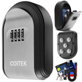 Magnetic Key Holder with Lock, COITEK Magnetic Key Box Hidden Under Car, Key Safe Box with 5 Strong Magnet, Key Lock Box Secure 4-Digit Combination with Resettable Code(Silver)