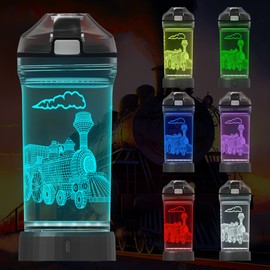 Attivolife Kids Water Bottle with 3D Train Design, Light up Travel Cup - 14 OZ Tritan BPA Free Eco-Friendly - Timer Function, Unique Drinking Cups Gifts for Boy Kid Toddler Camping Holiday School