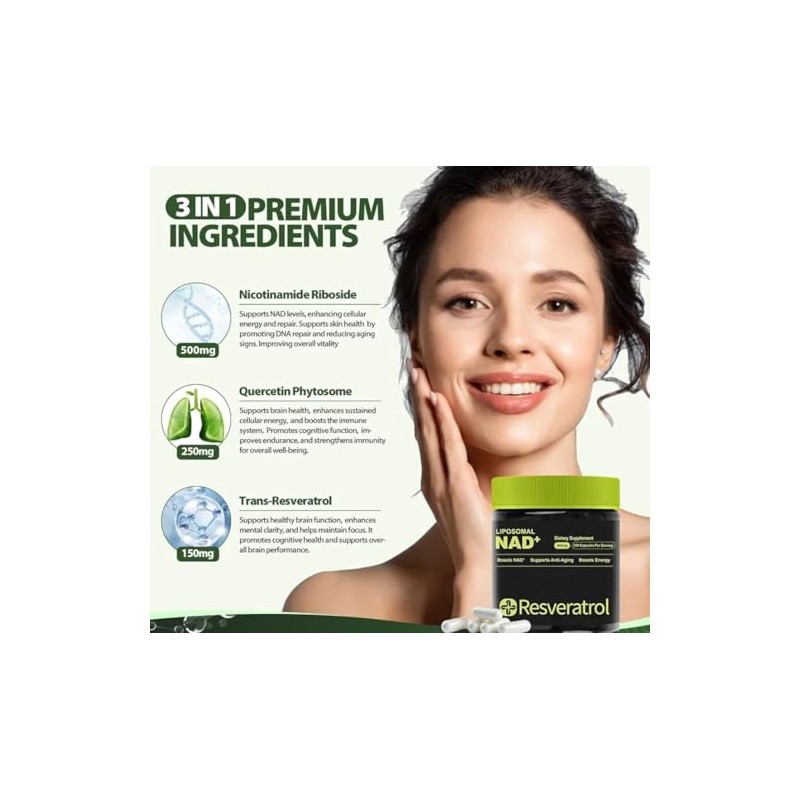 Suplemento NAD 100 capsulas Resveratrol Quecertin Energía y Vitalidad