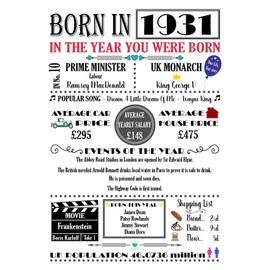 "THE YEAR YOU WERE BORN" COLOURED A4 Birthday Celebration Historical Past Memories Keepsake Gift Print with all the facts and information suitable for all people born in the year 1931