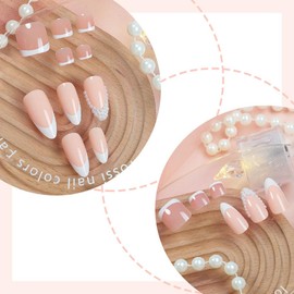 48Pcs White French Press on Nails Short Almond & Press on Toe Nails Press ons Acrylic Nail Kit Glue on Nails with Pearl Design Pink Fake Nails Reusable Stick on Nails for Women Girls Manicure