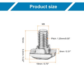 sourcing map 20Pcs T Slot Drop-in Bolt, M8 x 16mm T-Slot Bolts 304 Stainless Steel T Shape Stud Sliding Screw Hammer Head T-Bolt for Standard 4545 Series Aluminum Profile