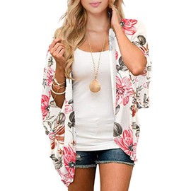 Zando Floral Kimonos for Women Kimono Swimsuit Cover Ups Loose Open Front Summer Tops Lightweight Spring Cardigan Half Sleeve Sheer Shawls and Wraps White Floral Medium
