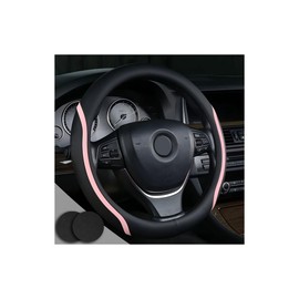 Funda para volante Muamos negra y rosa, fundas de cuero para volante de coche con posavasos universales de 37-38 cm, set de accesorios para volante de microfibra transpirable y antideslizante