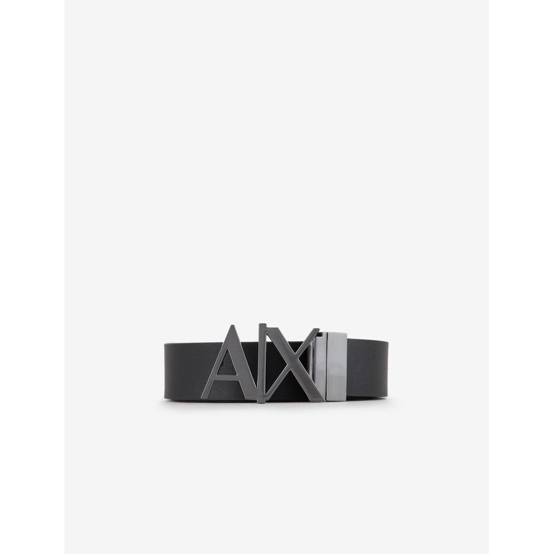 A|X Armani Exchange Men's Leather Logo Hinge Belt, Black/Phantom, 28