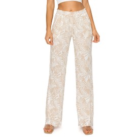 Cali1850 Women's Casual Linen Pants 32" Inseam Oceanside Drawstring Smocked Waist Lounge Beach Pants with Pockets Taupe White X-Large