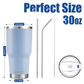 D·S 30oz Blue Tumbler Stainless Steel Double Wall Vacuum Insulated Mug with Straw and Lid, Cleaning Brush for Cold and Hot Beverages