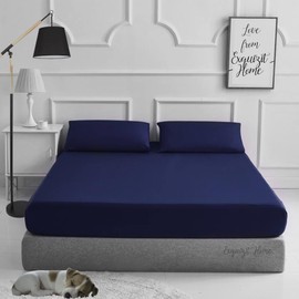 EXQUIZIT HOME Fitted Bed Sheet With Matching FREE 2 X PILLOW CASE Plain Dyed Poly Cotton Percale Easy Care Bed Sheet Navy King