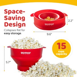 The Orginal HotPop Silicone Popcorn Maker - Microwave Popcorn Popper with Handles - Collapsible Bowl, Heat-Resistant, Easy to Clean, Ideal for Family Movie Nights, 15-Cup Capacity - Red