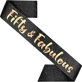 PartyForever 50th Birthday Sash Fifty & Fabulous Decorations for Her Made of Black Glitter Fabric with Rose Gold Letters for Women
