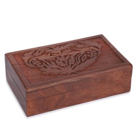Ajuny Hand Carved Wooden Decorative Treasure Chest Box - Multipurpose Use Jewelry Storage Case Organizer Keepsake Watch Box Great for Gifts - Brown, 8X5 Inch