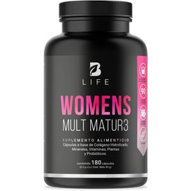 B Life Company Multivitamínico para Mujer Mayor de 40 años con 180 Cápsulas. Ingredientes naturales: Colágeno, Inositol, Maca, Probioticos. Womens Mult Matur3