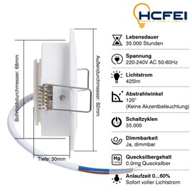 HCFEI Set of 1 LED Recessed Spotlight, Dimmable, Matte White, Swivelling, 5 W, Flat, 230 V, Recessed Spotlight, 68 mm Borehole, 120° Beam Angle (Warm White 3000 K)