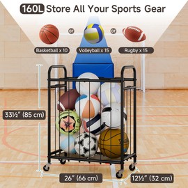 StorageWorks Ball Storage with Wheels, Garage Sports Equipment Organizer with Hooks, Balls Organizer for Basketball, Football, Volleyball
