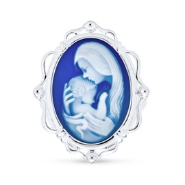 Bling Jewelry Classic Antique Vintage Style Blue White Carved Oval Framed Victorian Lady Portrait Mother and Child Cameo Statement Rings for Women Mom .925 Sterling Silver, Resin, No Gemstone