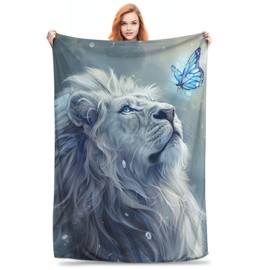 ainori - Manta de franela de felpa de león y mariposa blanca mística, ultrasuave, cálida, cómoda, ligera, acogedora y esponjosa, tela antibolitas para sofá, viajes, dormitorio, 40 x 50 pulgadas