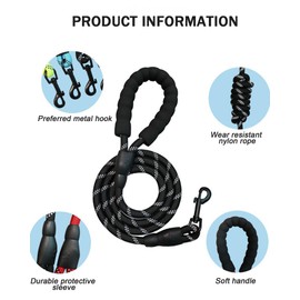PETANK Rope Dog Leash 4 FT with Comfortable Padded Handle and Highly Reflective Threads for Small Medium Dogs (Black, 4FT*1/2")