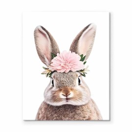 Easter Canvas Wall Art Decor Frame Painting - Bunny with Floral Crown, Spring Rabbit Portrait Canvas Prints, Cute Farmhouse Animal Print for Bedroom Nursery Kids Room Office 20X24 inch