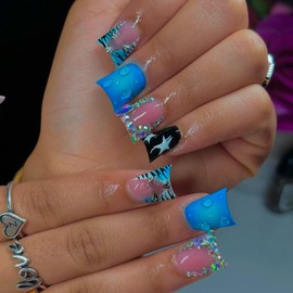 24 Pcs Press on Nails Short Square Nail Tips,YEFIUO Fake Nails Press ons Blue Zebra Pattern French Glue on Nails Acrylic Nail Art Kit Full Cover False Nails with Rhinestones Charms Design Women