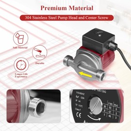WiseWater 304 Stainless Steel Hot Water Recirculating Pump, 3-speed with 3/4'' NPT Adapters, 110 V Pressure Booster Pump for Floor Heating, Radiator Heating, Hot Water Supply (Red)