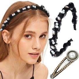 Firuilo Black Thin Headband Rhinestones Pearl Hairband with Crystal Hair Clip Lace Boho Head Bands for Women and Girls (Type A)