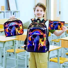 TXHVO 17" Kids Backpack for Boys, 3Pcs Elephant Bookbag Set for Elementary Preschool Kindergarten, School Backpacks with Lunch Box(Black)