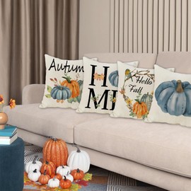 Set of 4 Blue Fall Pillow Covers 18x18, Thanksgiving Throw Pillows Covers, Autumn Blue Pumpkins Decorative Cushion Covers Home Outdoor Sofa Couch Pillow Cases for Fall Decorations