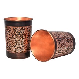 Copper Tumbler Set of 2, Floral Pattern, 250 Ml (8.45 US Fluid Ounce) Capacity For Ayurveda Health Benefits (Straight)