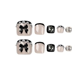 Black Press on Toenails Short Square Fake Toe Nails Gothic Bow False Toenails French Tip Press on Nails with Bow Pearl Charms Artificial Acrylic Toe Nails for Women Girls Manicure 24 Pcs