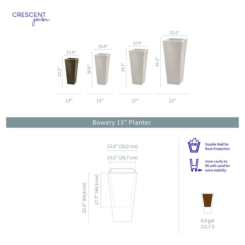 Crescent Garden Bowery Planter, Tall Double-Walled Plant Pot, 13-Inch (Caviar