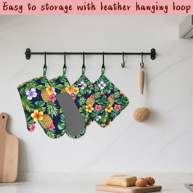 Pineapple Heat-Resistant Silicone Oven Mitts and Pot Holders,Hawaiian Tropical Palm