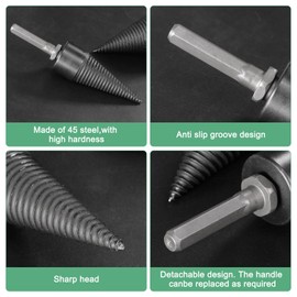 M METERXITY 1-Pack Wood Splitter Drill Bit 32mm + 4 Handles (Square+Round+Hex Shank+Small Hex) Firewood Log Splitter Drill Bit with Gloves for Outdoor/Stove/Farm[Black+Grey]