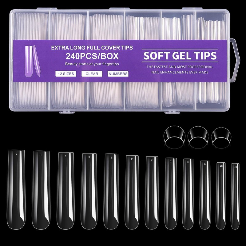 Long Square Nail Tips, 240Pcs Full Cover Soft Gel Nail
