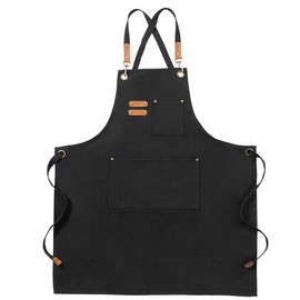 FunChaos Black Canvas Aprons, Work Aprons for Men Women, Chef Aprons with Adjustable Strap and 3 Pockets, Apron for Servers Kitchen Cooking Baking Artist Painting, Cross Back