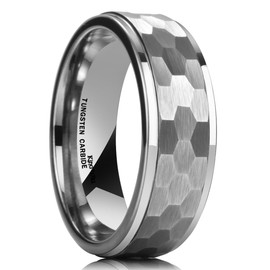 King Will HAMMER 8mm Silver Tungsten Ring Hammer Comfort Fit Faceted Men Wedding Band Polished Step Edge 12
