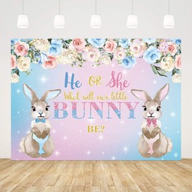 AIBIIN 7x5ft Bunny Gender Reveal Backdrop He or She What Will Our Little Bunny Be Pink Blue Flowers Photography Background Easter Gender Reveal Decorations Banner