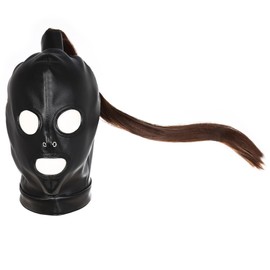 Black PU leather hood, 3-hole full-face wig masked blindfold, role-playing headgear (Mask+Wig)