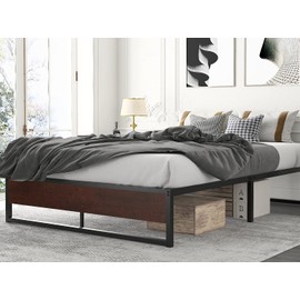 HOOMIC 14 Inches Metal King Platform Bed Frame with Rustic Wood Footboard,Mattress Foundation with Storage, Metal Slats, Noise Free, No Box Spring Needed, Easy Assembly