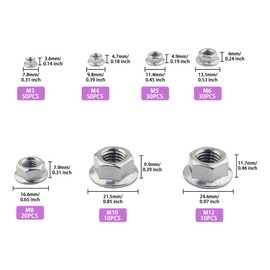 ONLISUM Serrated Flange Hex Nuts, 200 Pcs 304 Stainless Steel Hexagon Flange Nuts, Metric Hex Lock Nuts Assortment Kit - M3 M4 M5 M6 M8 M10 M12, DIN6923