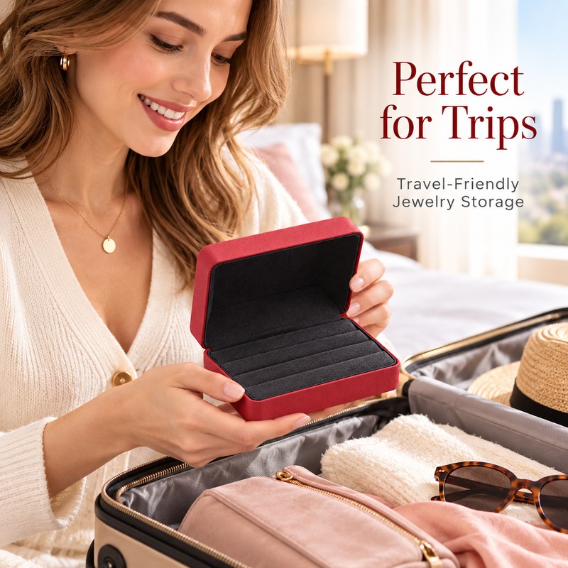 Red PU Leather Ring Jewelry Box – Velvet-Lined Multi-Ring Organizer