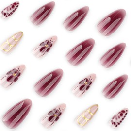 Red Gradient Press on Nails Short Almond QUNQINLI Nude False Nails Glossy Acrylic Fake Nails Press Ons with Fish Pattern Flowers Design Gel Glue on Nails Gold Stick on Nails for Women 24Pcs
