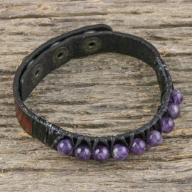 NOVICA Artisan Handmade Amethyst Leather Wristband Bracelet Wrtistband from Thailand Brown Beaded Gemstone [Bracelet 7 in min L x 8.25 in max L x 0.5 in W Pendant(s) 0.5 in L x 3.1 in W] ' Rock