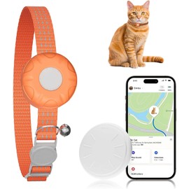 GPS Tracker for Cats, Cat Tracker Compatible with Apple Find My App (Only iOS), No Monthly Fee, Breakaway Collar Included (White Tracker, Orange Cat Collar)