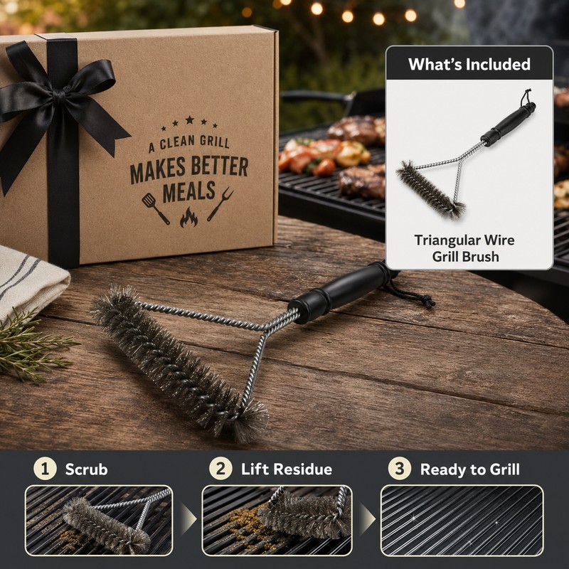 Triangular Grill Brush for BBQ Cleaning – Stainless Steel Long